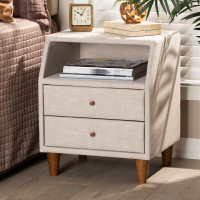 Baxton Studio BBT3157-Beige-NS Claverie Mid-Century Modern Beige Fabric Upholstered 2-Drawer Wood Nightstand